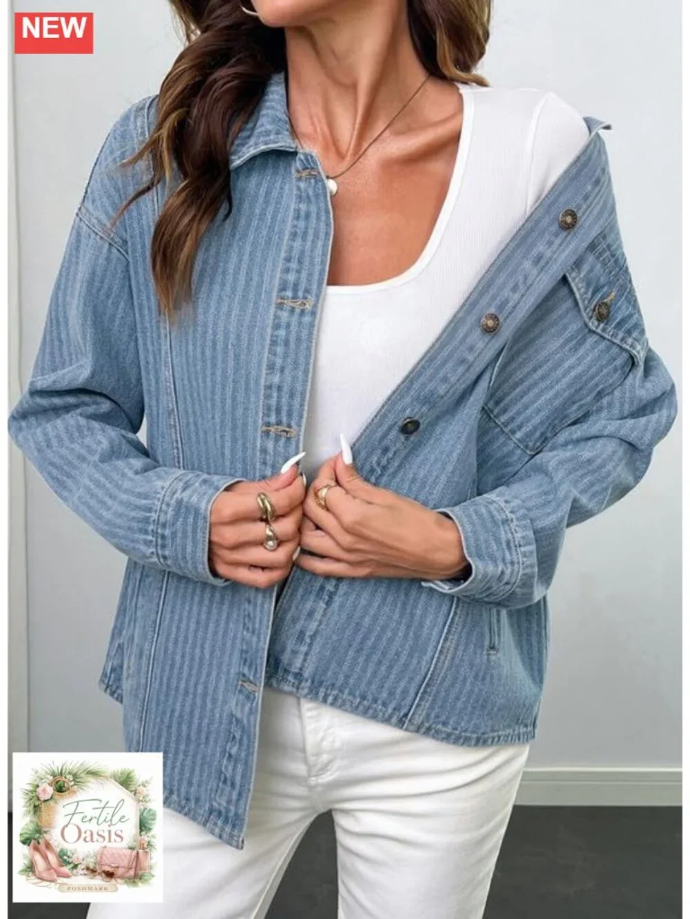 Striped Denim Shacket for Women Cotton Blend Button Down Shirt Jacket